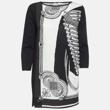 Pre Owned Hermes Black Printed Silk and Knit Tunic Top M