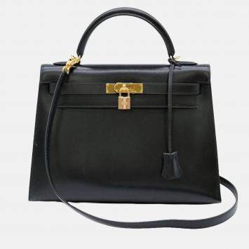 Pre Owned Hermes Black Box Calf Leather Kelly 32 Handbag