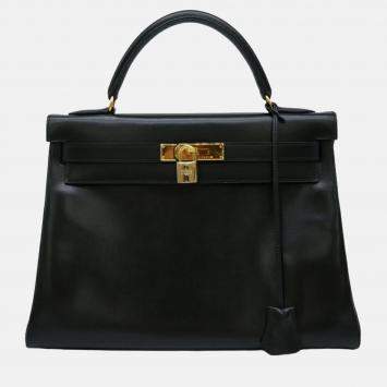 Pre Owned Hermes Black Box Calf Leather Kelly 32 Handbag
