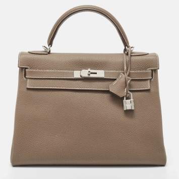Pre Owned Hermes Etoupe Togo Leather Palladium Finish Kelly Retourne 32 Bag