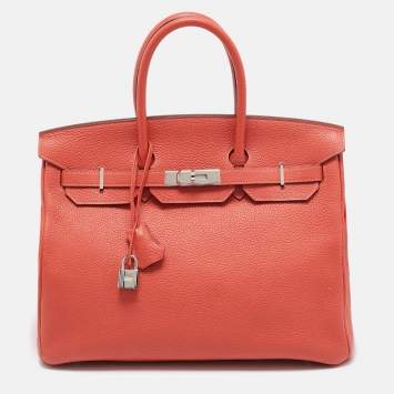 Pre Owned Hermes Rouge Pivoine Togo Leather Palladium Finish Birkin 35 Bag