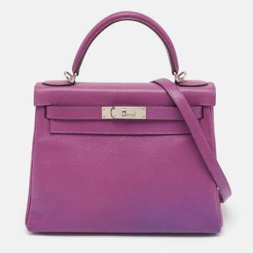 Pre Owned Hermes Cyclamen Chevre Mysore Leather Palladium Finish Kelly Retourne 28 Bag