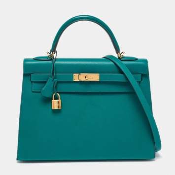 Pre Owned Hermes Malachite Epsom Leather Gold Finish Kelly Sellier 32 Bag