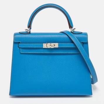 Pre Owned Hermes Bleu Izmir Epsom Leather Palladium Finish Kelly Sellier 25 Bag