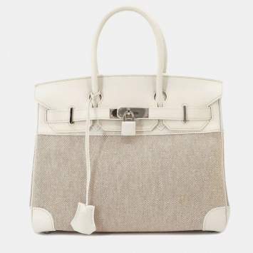 Pre Owned Hermes Ash White Natural Swift Toile K Engraved Silver Hardware Birkin 30 Handbag
