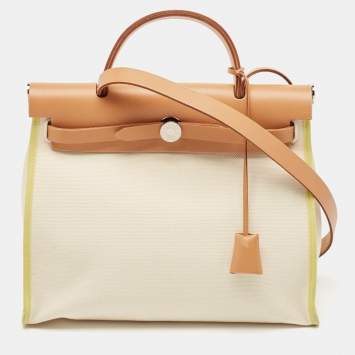 Pre Owned Hermes Ecru/Lime/Natural Toile Goeland Viking Canvas and Vache Hunter Leather Herbag Zip 31 Bag