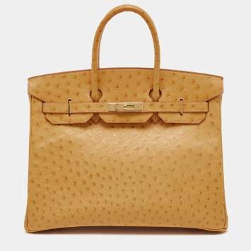 Pre Owned Hermes Saffron Ostrich Gold Finish Birkin 35 Bag