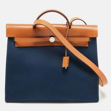 مملوكة مسبقًا Hermes Bleu De Malte/Natural Toile and Vache Hunter Herbag Zip 39 Bag
