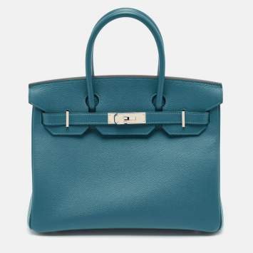 Pre Owned Hermes Bleu De Galice Epsom Leather Palladium Finish Birkin 30 Bag