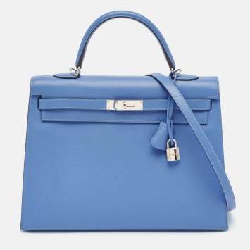 Pre Owned Hermes Blue Paradis Epsom Leather Palladium Hardware Kelly Sellier 35 Bag