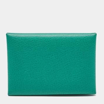 Pre Owned Hermes Menthe/Bleu Brume Epsom Leather Calvi Duo Card Holder