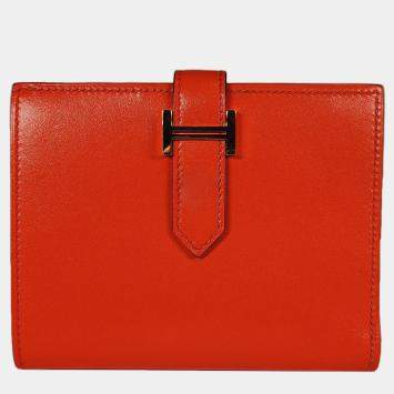 Pre Owned Hermes Orange Poppy Tadelakt Compact Bearn Wallet with GHW