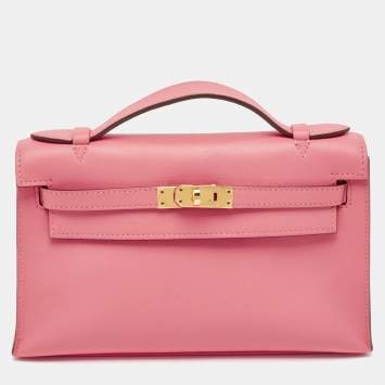 Pre Owned Hermes Rose Azalee Swift Leather Gold Finish Kelly Pochette
