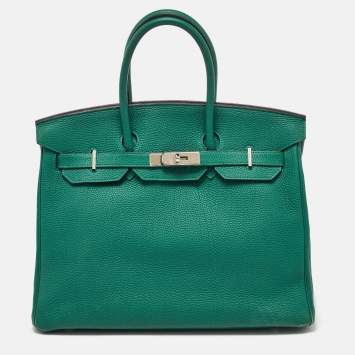 Pre Owned Hermes Malachite Taurillon Togo Leather Palladium Finish Birkin 35 Bag