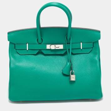 Pre Owned Hermes Vert Vertigo/Vert Fonce Taurillon Clemence Palladium Finish Birkin 35 Bag