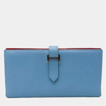 Pre Owned Hermes Light Blue Red Bearn Souffle Leather Long Bi-Fold Wallet
