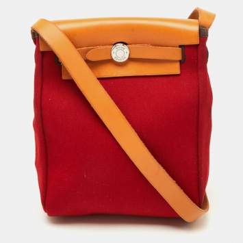 Pre Owned Hermes Rouge Imperial/Natural Canvas and Leather 2-in-1 Herbag TPM Bag