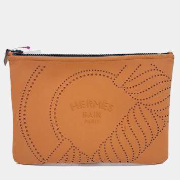 Pre Owned Hermes Brown Fabric Neo Vein Clutch bag