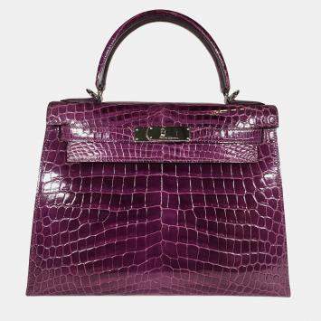 Pre Owned Hermes Shiny Nilo Sellier Amethyst Kelly 28 bag PHW