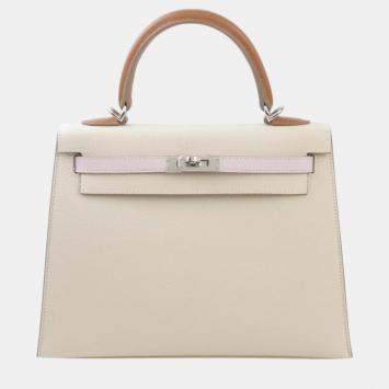 Hermes Craie/Gold/Mauve Epsom Leather Palladium Finish Kelly Sellier 25