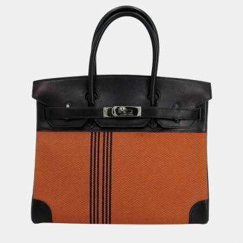 Pre Owned Hermes Orange/Black Toile H Box Calf Leather Birkin 30 Bag