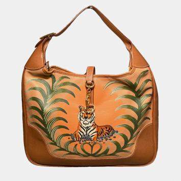 Hermes Brown Hand Painted Tiger Canvas & Leather Bag