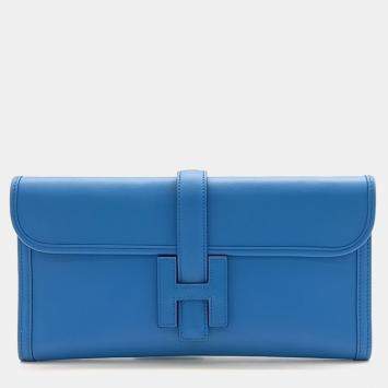 Pre Owned Hermes Blue Leather Jige clutch bag