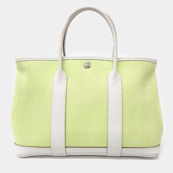 Pre Owned Hermes White Yellow Canvas And Leather Garden Party 30 Bag