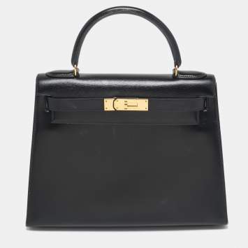 Pre Owned Hermes Noir Box Leather Gold Finish Kelly Sellier 28 Bag