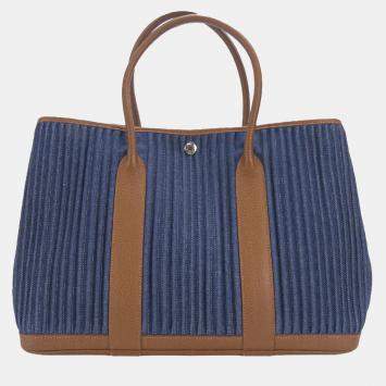 Pre Owned Hermes Tote Bag Garden 36 Denim Leather Pal Blue Indigo Indian Brown
