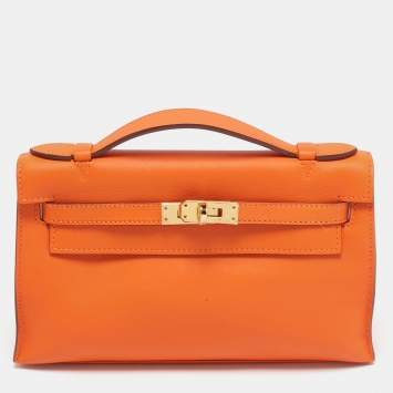 Pre Owned Hermes Orange Swift Leather Gold Finish Kelly Pochette