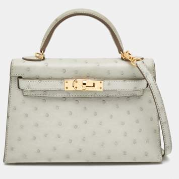 Hermès Gris Perle Ostrich Gold Finish Mini Kelly II Sellier 20 Bag