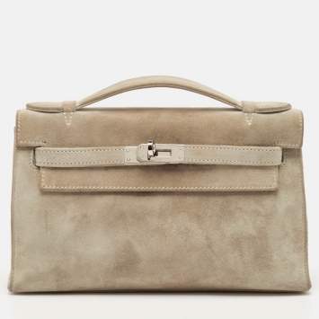 Pre Owned Hermes Gris Pale Doblis Palladium Finish Kelly Pochette