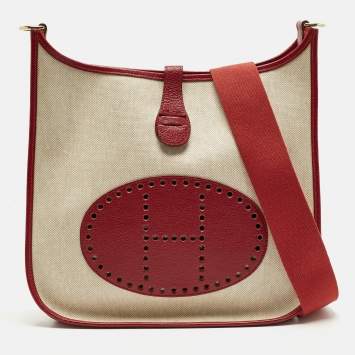 Pre Owned Hermes Evelyne I GM Ecru/Rouge Coated Canvas and Leather Shoulder Bag