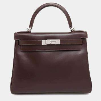 Hermes Havane Box Calf Leather Kelly Retourne 28 Tote Bag