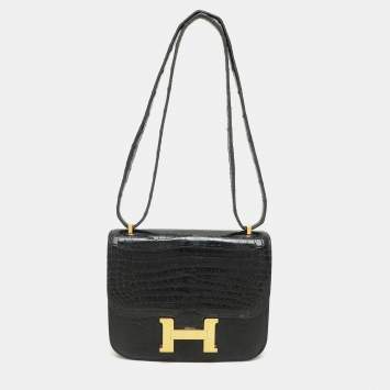 Pre Owned Hermes Black Crocodile Porosus Constance Gold Finish Constance 18 Bag