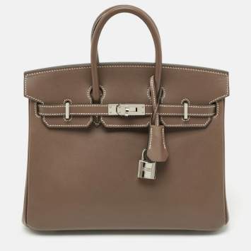 Hermes Etoupe Tadelakt Leather Palladium Finish Birkin 25 Bag