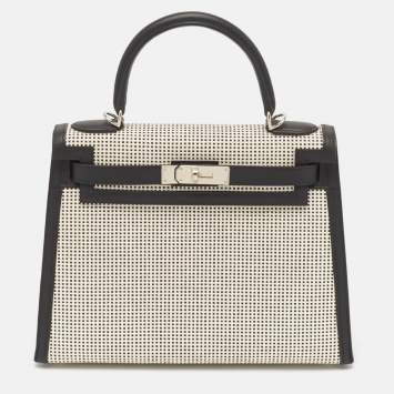 Hermes Noir/Ecru/Blanc Toile Quadrille and Swift Leather Palladium Finish Kelly Sellier 28 Bag