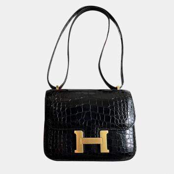 Hermes Black Shiny Crocodile Leather Constance 19 Shoulder Bag
