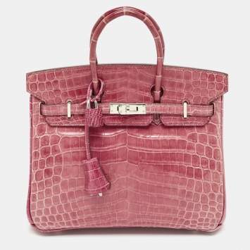Hermes Rose Tyrien Shiny Niloticus Crocodile Palladium Finish Birkin 25 Bag