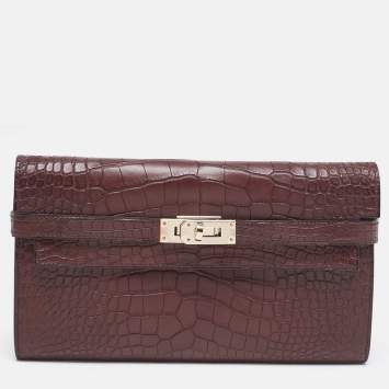 Pre Owned Hermes Bourgogne Matte Alligator Kelly Longue Wallet