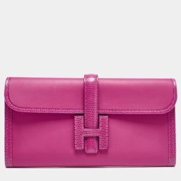 Pre Owned Hermès Rose Shocking Lizard and Swift Leather Jige Elan 29 Clutch