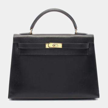 Pre Owned Hermes Black Box Calf Leather Kelly 32 Hand Bag GHW