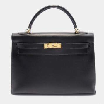 Hermes Black Box Calf Leather Kelly 32 Handbag