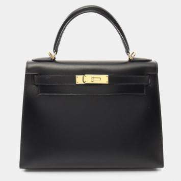 Hermes Black Box Calf Leather Kelly 28 Handbag