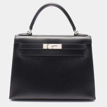 Hermes Black Box Calf Leather Kelly 28 Handbag