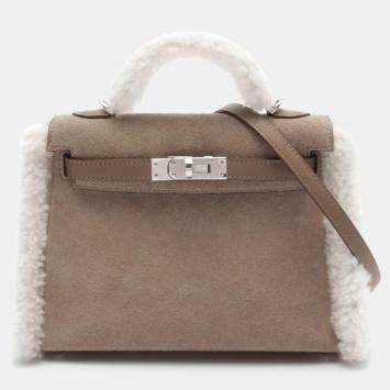 Hermes Brown/Grey Mouton Leather Mini Kelly Teddy Shoulder Bag