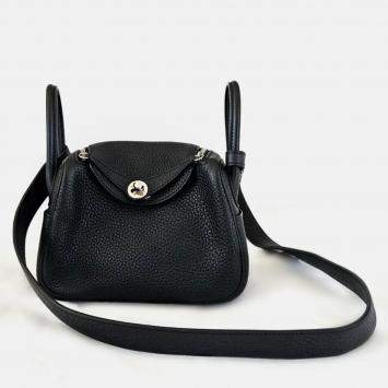 Hermes Noir Taurillon Clemence Leather Palladium Finish Mini Lindy