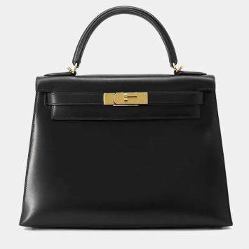 Hermes Black Calf Leather Box Kelly 28 Top Handle Bag