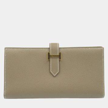 Hermes Brown Etoupe Grey Epsom Leather Bearn Soufflet Bi-Fold Long Wallet